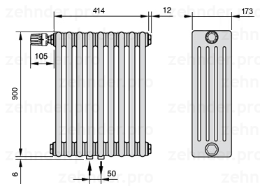 Схема (чертеж) Радиатор Zehnder Charleston 5090/9 №V007 Белый глянцевый RAL 9016